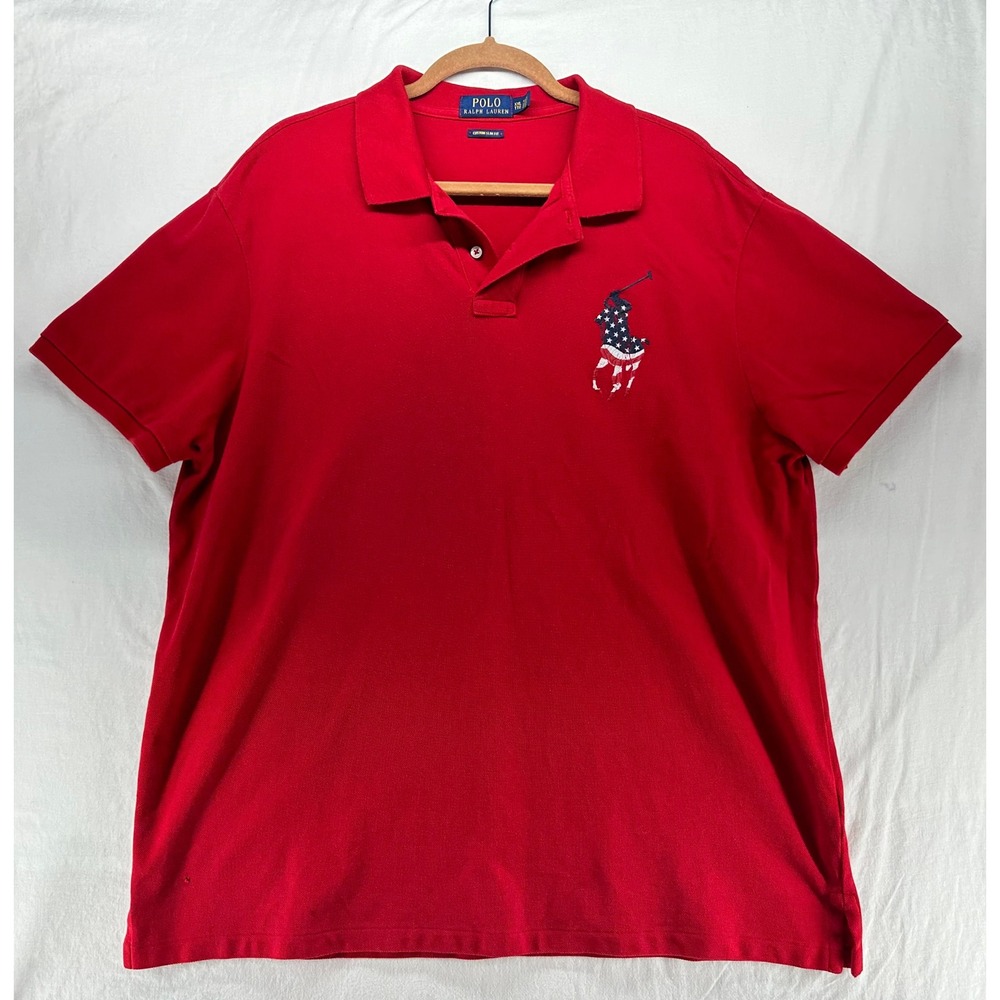 Polo Ralph Lauren Red Big Pony‎ American Flag Polo Shirt XXL Custom Slim Fit